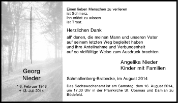 Traueranzeige von Georg Nieder von Tageszeitung