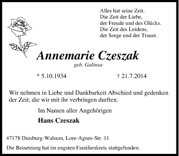 Traueranzeige von Annemarie  Czeszak von Tageszeitung