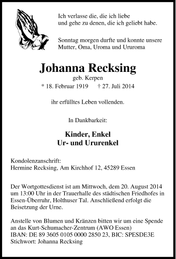 Traueranzeige von Johanna Recksing von Tageszeitung