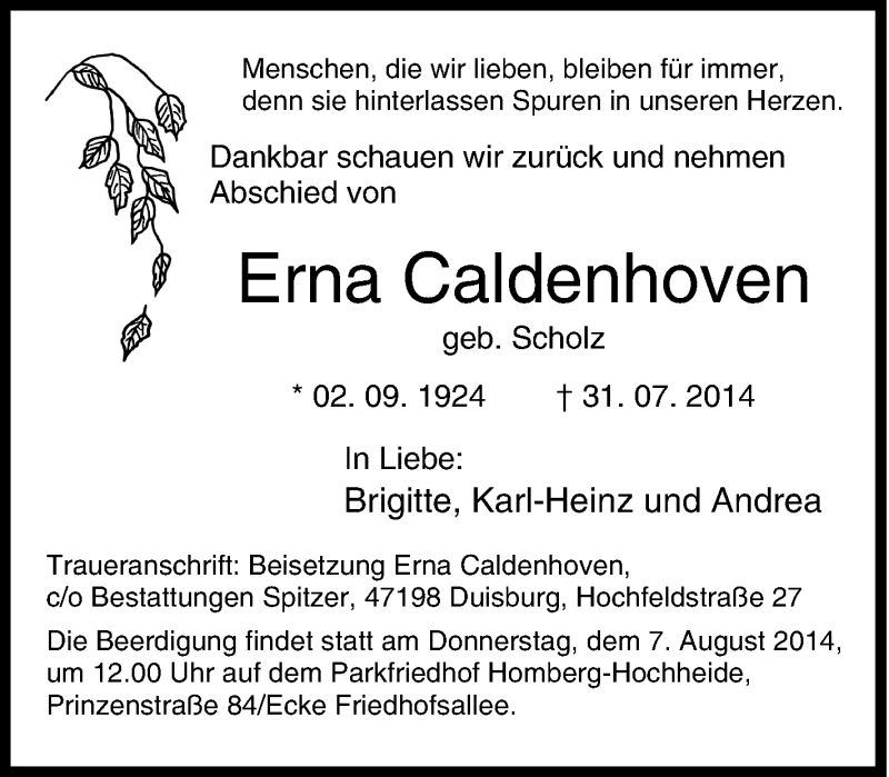  Traueranzeige für Erna Caldenhoven vom 04.08.2014 aus Tageszeitung