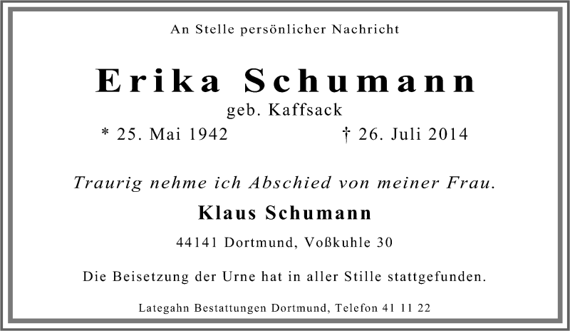  Traueranzeige für Erika Schumann vom 06.08.2014 aus Tageszeitung
