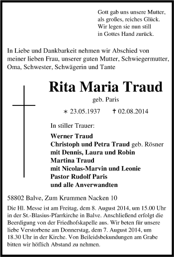 Traueranzeige von Rita Maria Traud von Tageszeitung