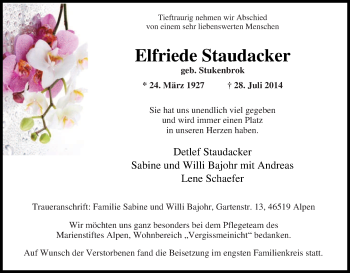 Traueranzeige von Elfriede Staudacker von Tageszeitung