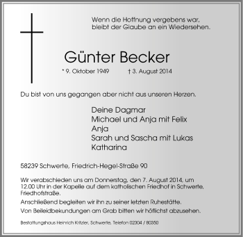 Traueranzeige von Günter Becker von Tageszeitung