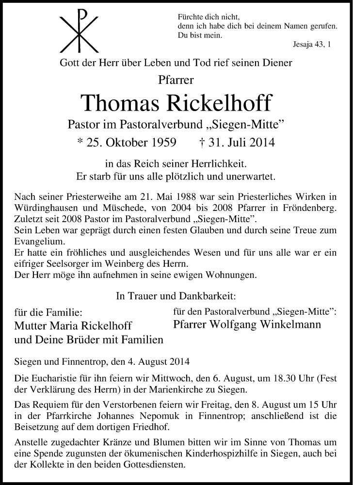  Traueranzeige für Thomas Rickelhoff vom 04.08.2014 aus Tageszeitung