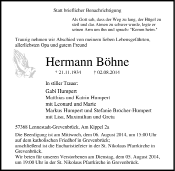 Traueranzeige von Hermann Böhne von Tageszeitung