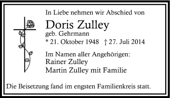 Traueranzeige von Doris Zulley von Tageszeitung