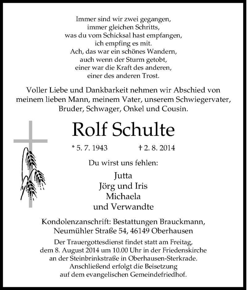  Traueranzeige für Rolf Schulte vom 06.08.2014 aus Tageszeitung