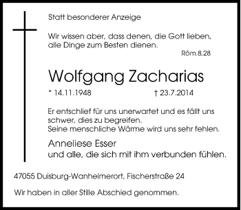 Traueranzeige von Wolfgang Zacharias von Tageszeitung