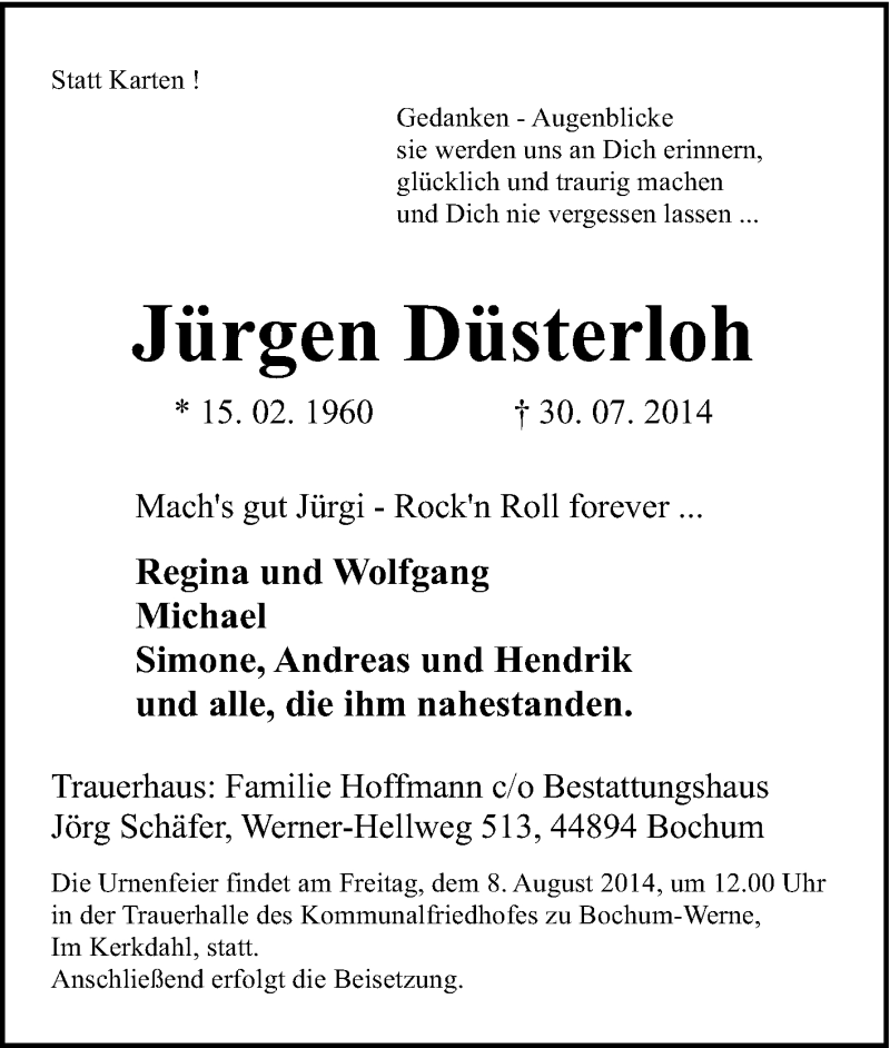  Traueranzeige für Jürgen Düsterloh vom 05.08.2014 aus Tageszeitung
