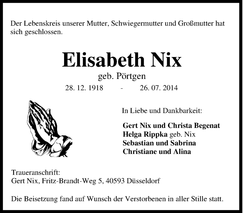  Traueranzeige für Elisabeth Nix vom 09.08.2014 aus Tageszeitung