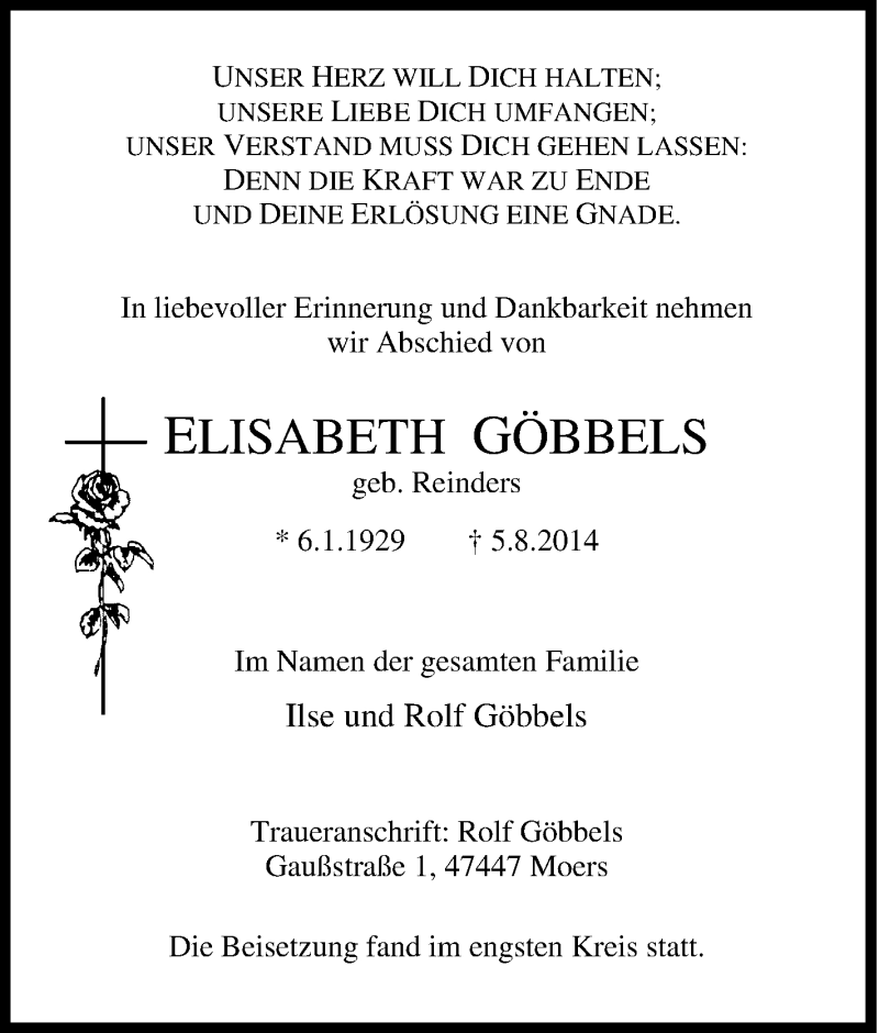  Traueranzeige für Elisabeth Göbbels vom 09.08.2014 aus Tageszeitung