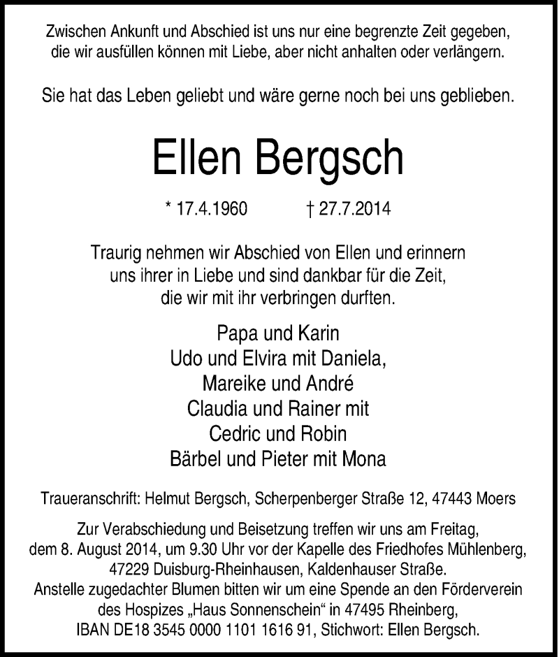  Traueranzeige für Ellen Bergsch vom 05.08.2014 aus Tageszeitung