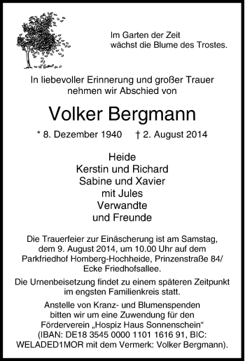Traueranzeige von Volker Bergmann von Tageszeitung
