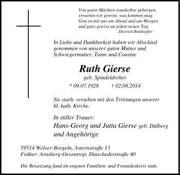 Traueranzeige von Ruth Gierse von Tageszeitung