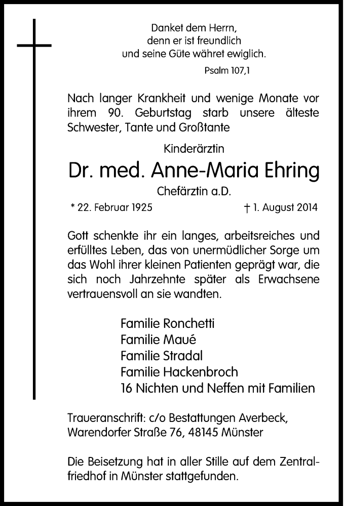  Traueranzeige für Anne-Maria Ehring vom 13.08.2014 aus Tageszeitung
