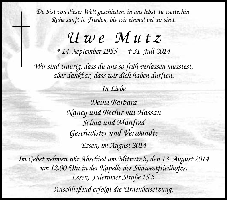  Traueranzeige für Uwe Mutz vom 09.08.2014 aus Tageszeitung