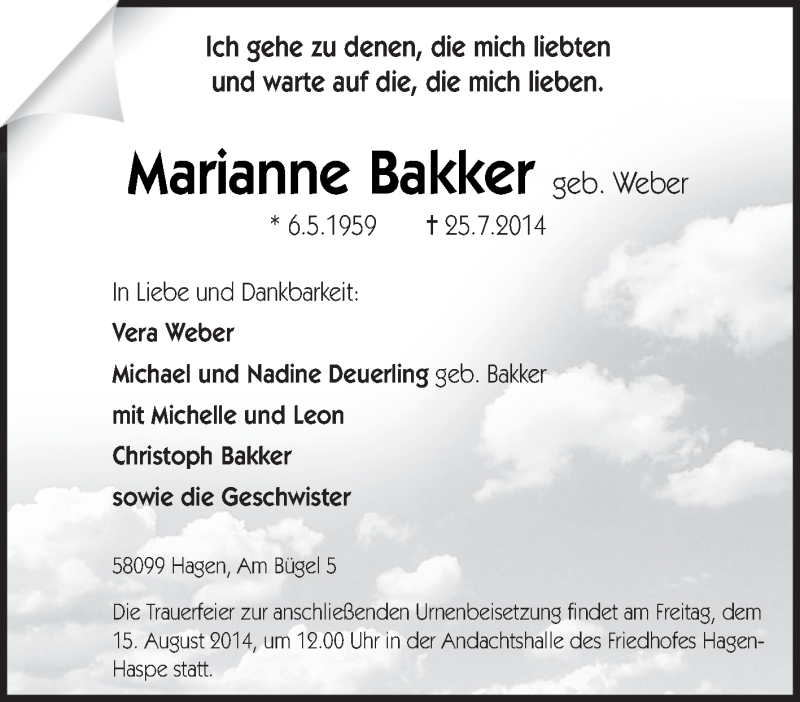  Traueranzeige für Marianne Bakker vom 09.08.2014 aus Tageszeitung