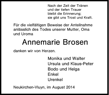 Traueranzeige von Annemarie Brosen von Tageszeitung
