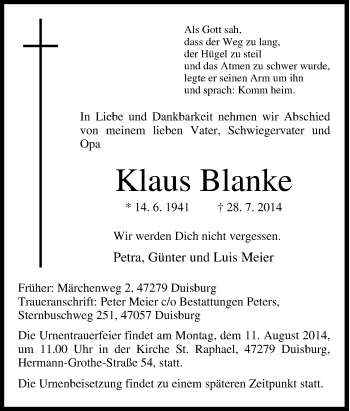 Traueranzeige von Klaus Blanke von Tageszeitung