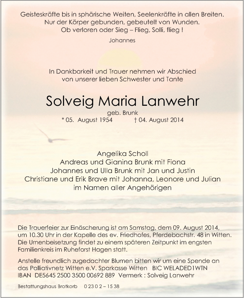  Traueranzeige für Solveig Maria Lanwehr vom 06.08.2014 aus Tageszeitung
