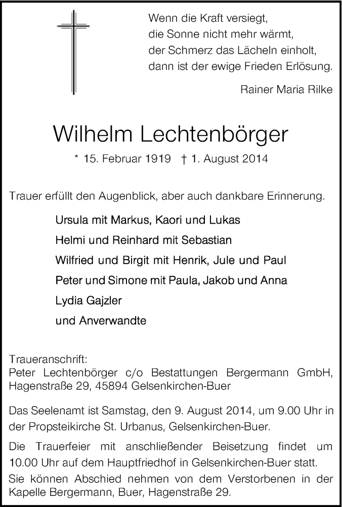  Traueranzeige für Wilhelm Lechtenbörger vom 06.08.2014 aus Tageszeitung