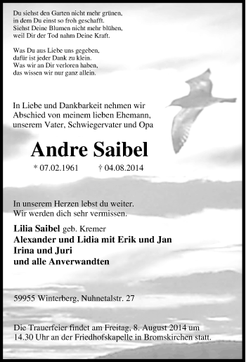 Traueranzeige von Andre Saibel von Tageszeitung