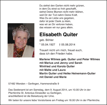 Traueranzeige von Elisabeth Quiter von Tageszeitung