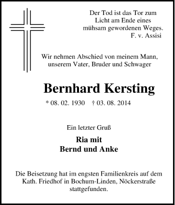 Traueranzeige von Bernhard Kersting von Tageszeitung