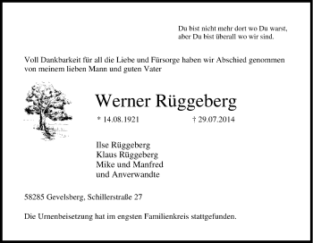 Traueranzeige von Werner Rüggeberg von Tageszeitung