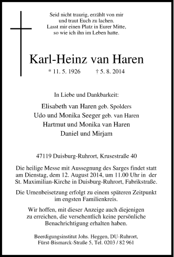 Traueranzeige von Karl-Heinz van Haren von Tageszeitung