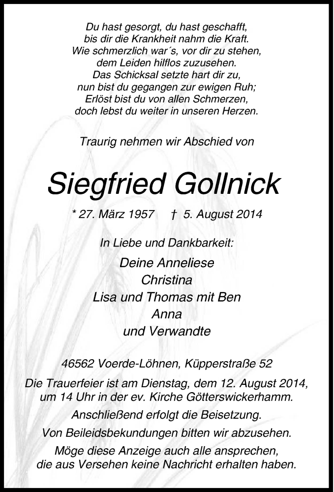  Traueranzeige für Siegfried Gollnick vom 08.08.2014 aus Tageszeitung