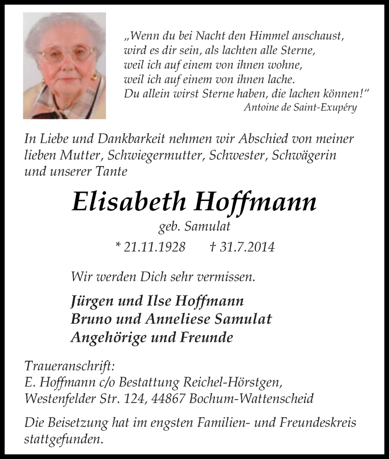 Traueranzeigen von Elisabeth Hoffmann | Trauer-in-NRW.de