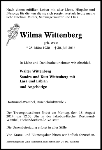 Traueranzeige von Wilma Wittenberg von Tageszeitung