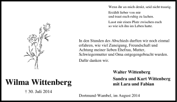 Traueranzeige von Wilma Wittenberg von Tageszeitung