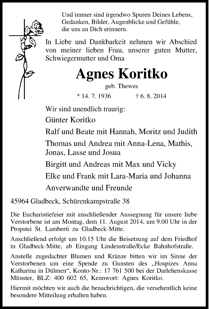  Traueranzeige für Agnes Koritko vom 08.08.2014 aus Tageszeitung