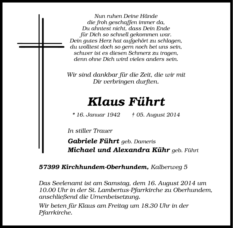  Traueranzeige für Klaus  Führt vom 11.08.2014 aus Tageszeitung