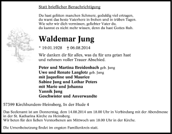 Traueranzeige von Waldemar  Jung von Tageszeitung