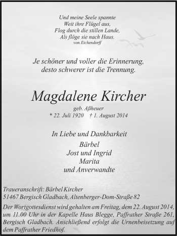 Traueranzeige von Magdalene Kircher von Tageszeitung