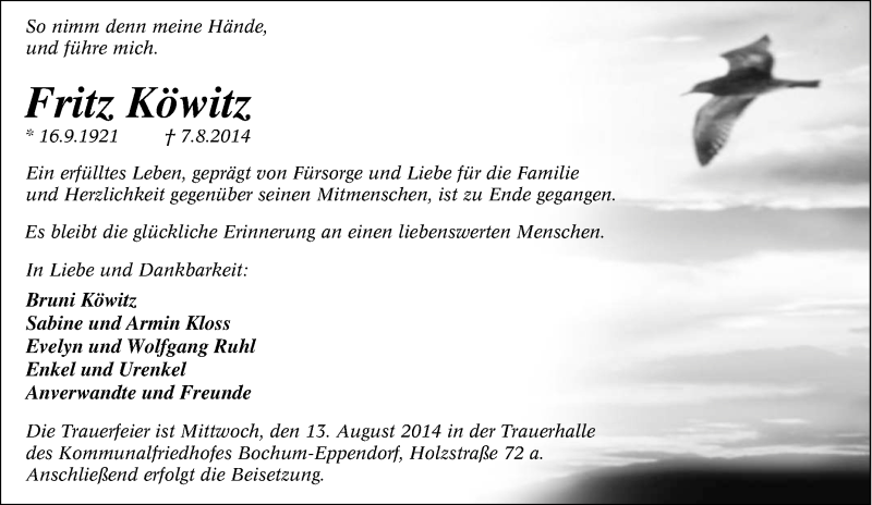 Traueranzeige für Fritz Köwitz vom 09.08.2014 aus Tageszeitung
