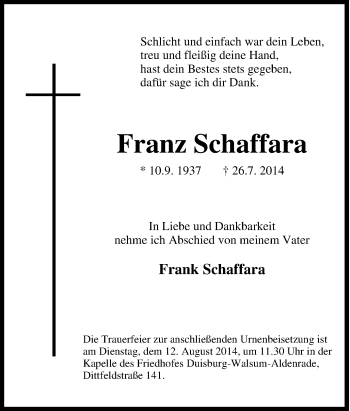 Traueranzeige von Franz Schaffara von Tageszeitung