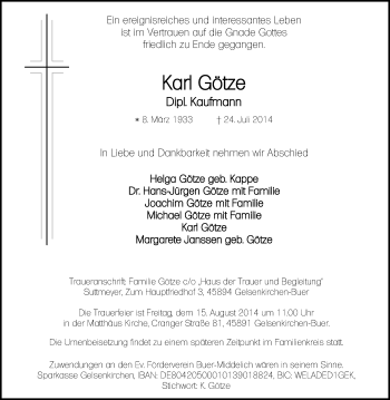 Traueranzeige von Karl Götze von Tageszeitung