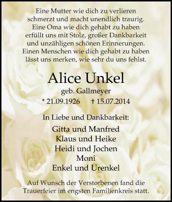 Traueranzeige von Alice Unkel von Tageszeitung
