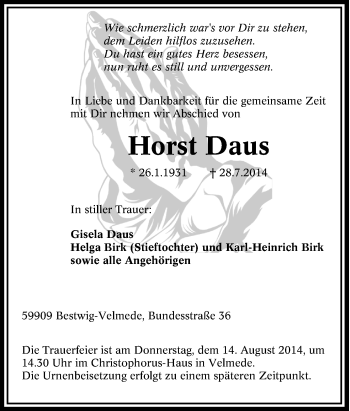 Traueranzeige von Horst Daus von Tageszeitung