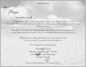 Traueranzeige von Inge Teich von Tageszeitung