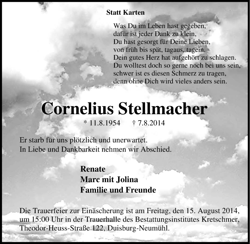  Traueranzeige für Cornelius Stellmacher vom 12.08.2014 aus Tageszeitung