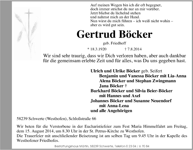  Traueranzeige für Gertrud Böcker vom 09.08.2014 aus Tageszeitung