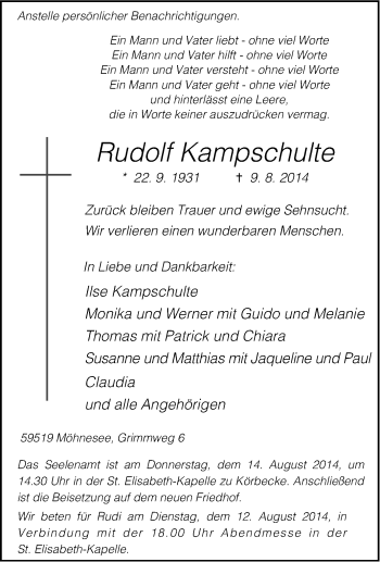Traueranzeige von Rudolf Kampschulte von Tageszeitung
