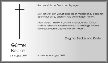 Traueranzeige von Günter Becker von Tageszeitung