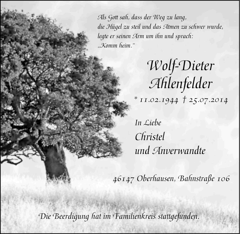  Traueranzeige für Wolf-Dieter  Ahlenfelder vom 11.08.2014 aus Tageszeitung
